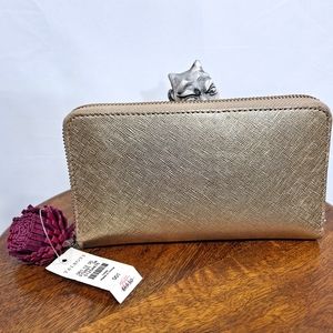 Talbots Gold Zippered Wallet With Purple Leather Flower NWT